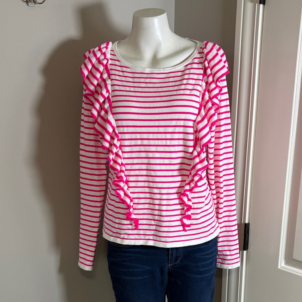 Lilly Pulitzer Ruth Striped Ruffle Sweater Beach Stripe Pink Tango Sz L - Picture 2 of 12